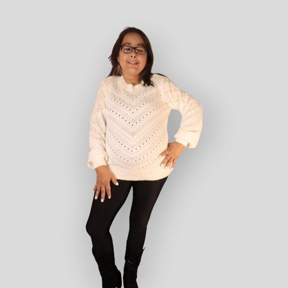 MY STYLE WOMENS SIZE SP WHITE BEIGE SWEATER WITH DESIGNED LACE HOLES - Picture 3 of 5
